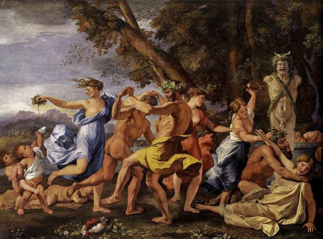Gregos festejavam em homenagem ao deus Dionísio ou Baco, em festas caracterizadas pelos excessos - Nicolas Poussin - Bacanal diante de uma estátua de Pan (1631-33)