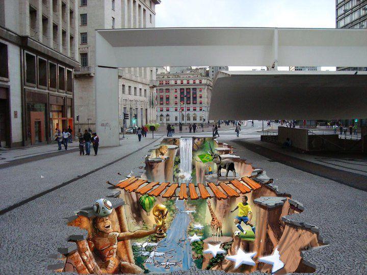 A primeira experiência em pintura em 3D ocorreu na Praça do Patriarca (SP) em 2009 - 