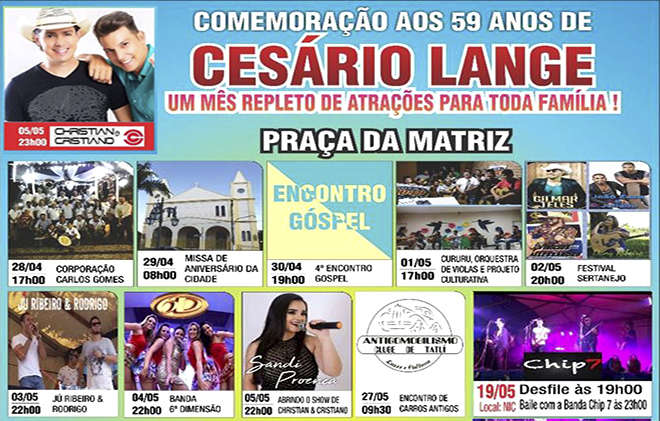 Festa de aniversário de Cesário Lange oferece shows musicais gratuitos de diversos estilos - Divulgação